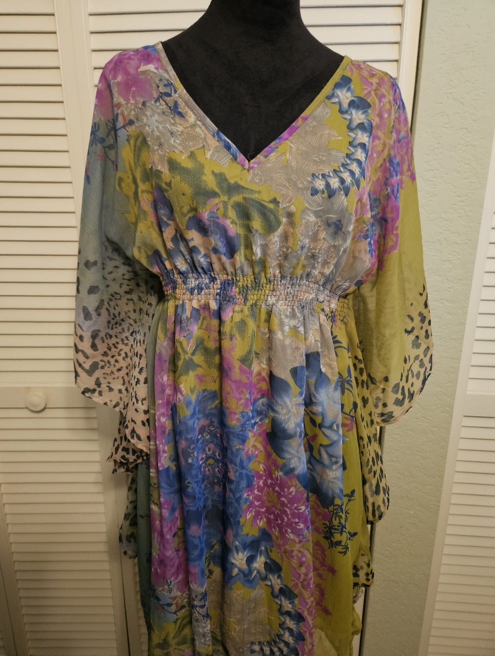Floral & Leopard Print V-Neck Boho Caftan/ Cover Up